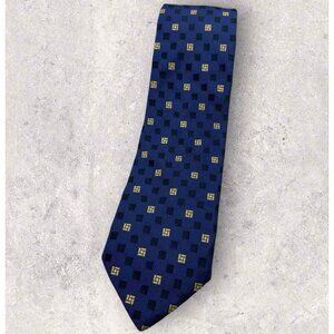 VALENTINO Silk Tie ITALY XL Blue Gold Black Geometric W:3.7" EUC